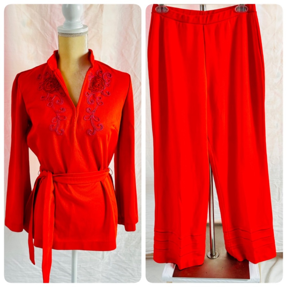 Vintage 70s Orangey-Red 2-Piece Pantsuit by Trissi Tunic Top & Pants